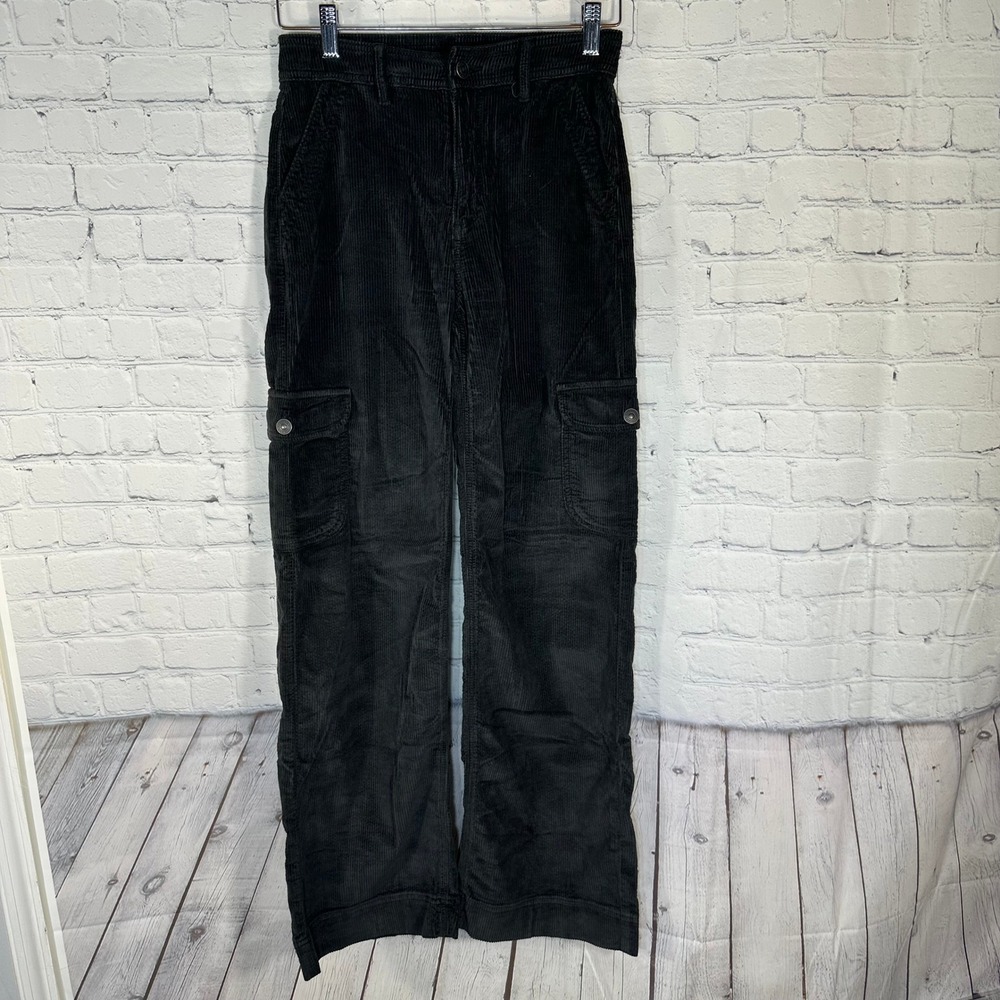 American Eagle Black Corduroy High Rise Wide Leg Cargo Pants Women 00 Regular